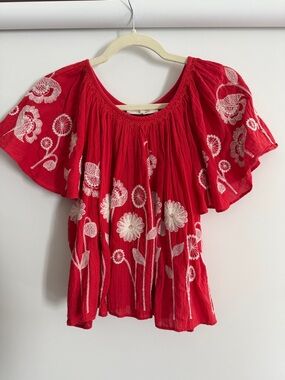 The Great Red Embroidered Flutter-Sleeve Peasant Blouse
